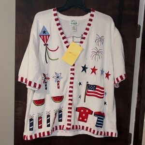 Vintage White Cardigan with Red and Blue Accents